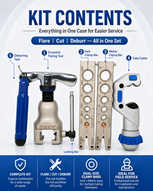 DSZH WK-806FT kit contents including flaring tool clamp bars tube cutter and deburring tool